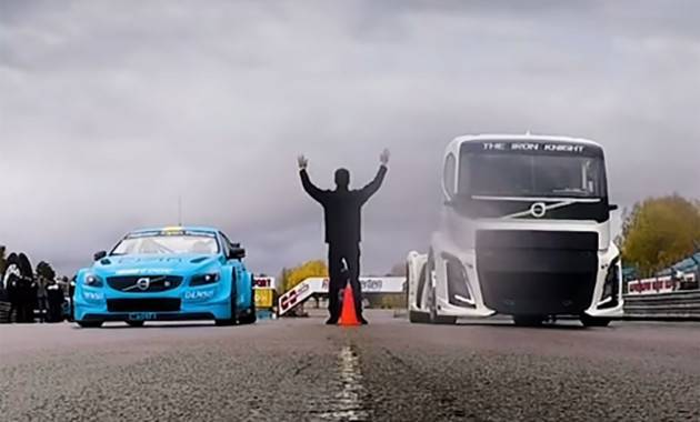 На відео показали майбутній поєдинок гоночного боліда і вантажівки Volvo